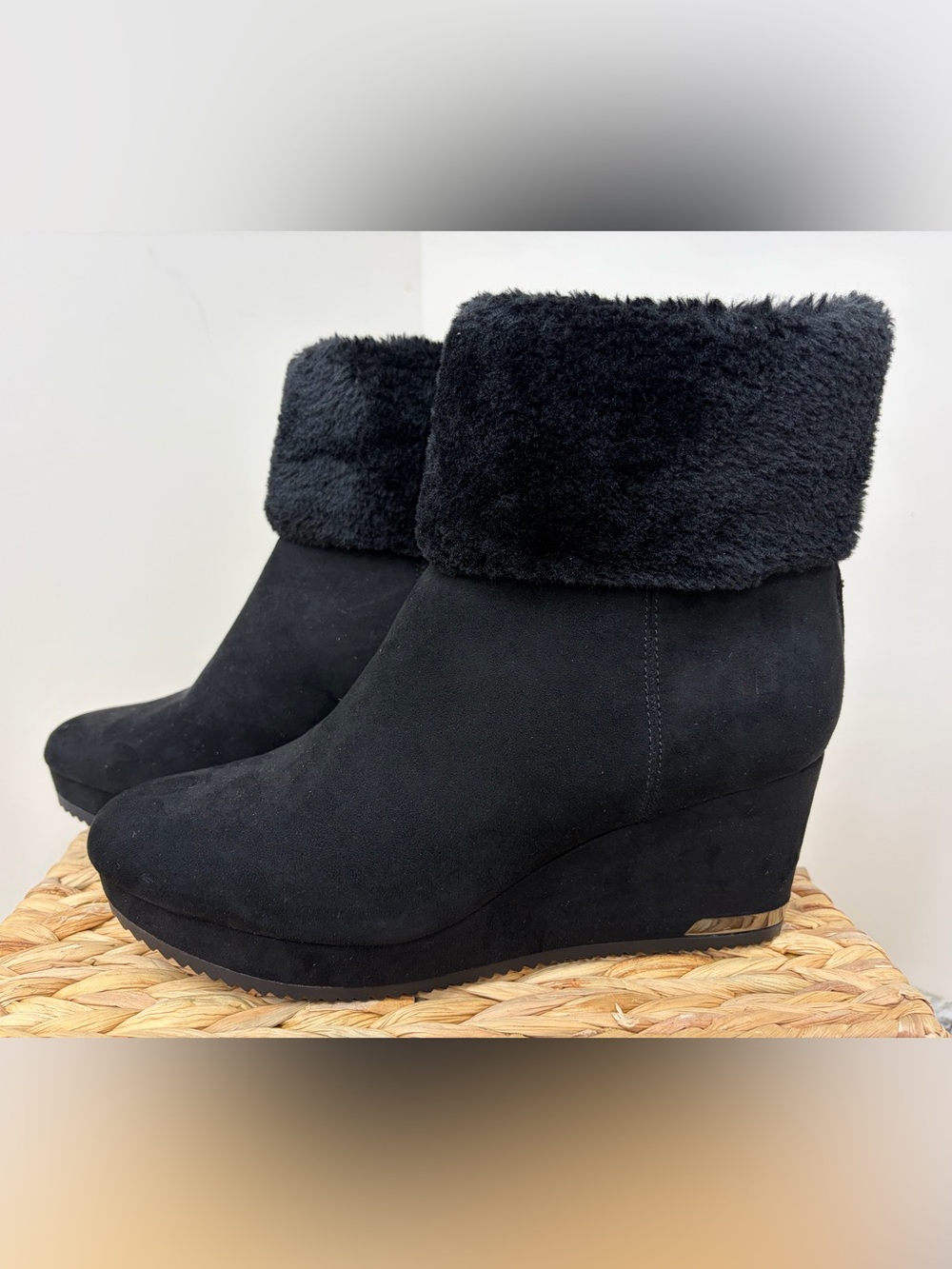 DKNY Black Faux-Suede Wedge Ankle Booties with Plush Cuff